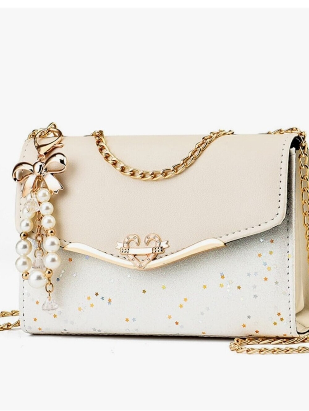 Cream Star-Print Chain Crossbody Bag